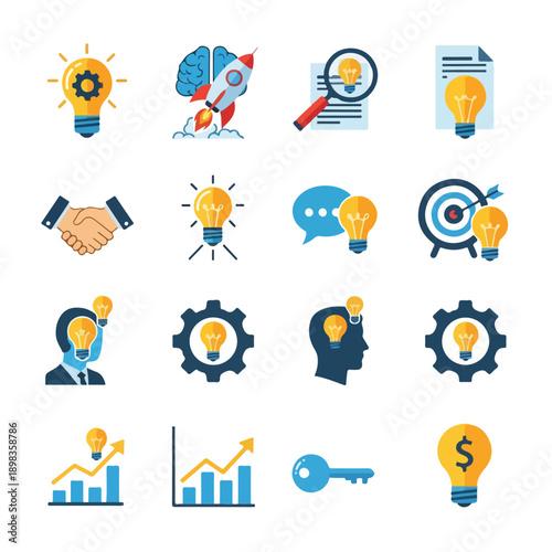 Collection of stylized icons about business, ideas and brainstorming
