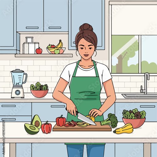 A woman in a kitchen preparing a meal, chopping vegetables