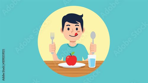 Healthy young boy sitting at a table with a red apple and a glass of water ready to eat a meal with a fork and spoon.