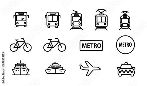 Public Transportation Line Icon Vector Set for Wayfinding Bus Train Metro and Taxi Symbols
