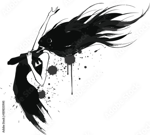 Abstract black ink illustration of a ghostly woman with flowing long hair, surreal gothic silhouette with splatter art, dark fantasy sketch