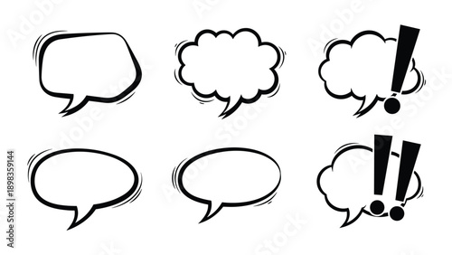 Selection of thick outlined speech bubbles with exclamation marks and different shapes for emphasizing messages in designs.