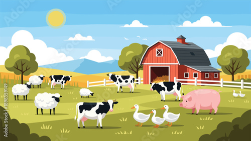 Lively farm scene with a large red barn and various livestock animals grazing in the fields on a sunny day.