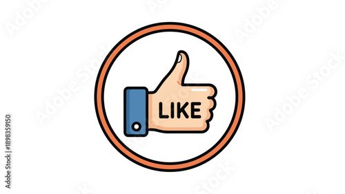 Social media like icon featuring a blue thumbs up hand symbol enclosed within a circular orange frame.