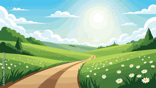 Picturesque country road winding through rolling green hills covered in white daisies under a bright afternoon sun.