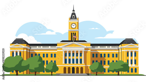 Grand classical yellow government building featuring a prominent clock tower and a flag flying in front under a cloudy sky.