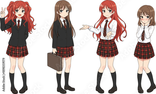 Anime schoolgirl character set featuring various poses and expressions with red and brown hair in Japanese school uniform isolated on white (20 words)