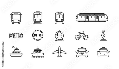 Public Transport Line Icon Vector Set Bus Train Tram Metro Taxi and Airplane Symbols