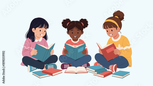 Three young girls of diverse ethnicities sitting together on the floor happily reading their own colorful storybooks in a group.