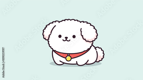 Cute white fluffy dog with small dark eyes and a red collar with a golden bell sitting happily on a light blue background.