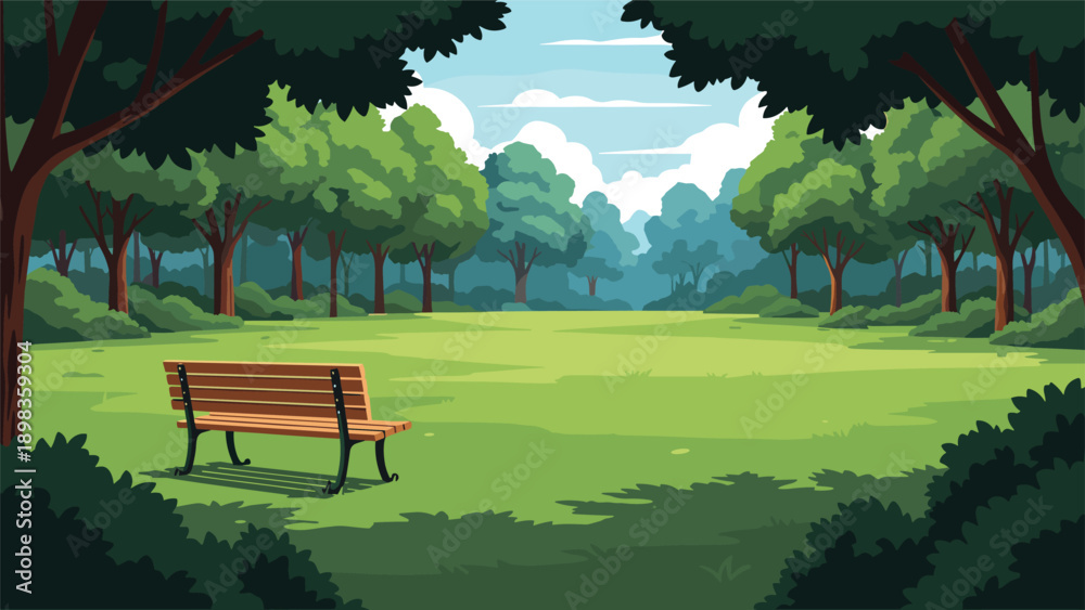 Obraz premium Scenic green park landscape with a wooden bench in the foreground overlooking lush trees and a grassy field under a blue sky.
