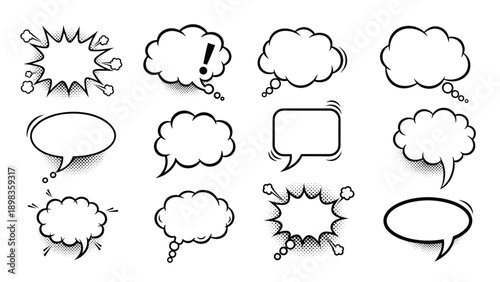 Large set of comic-style speech bubbles and thought clouds with halftone patterns and various shapes for dialogue and text.