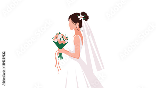 Beautiful bride in a white wedding dress seen from the side holding a delicate flower bouquet and wearing a long veil.