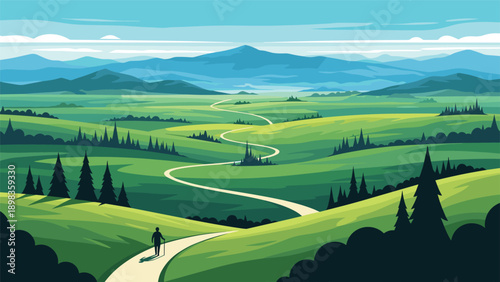 Adventurous hiker follows a long winding path through rolling green hills and meadows towards distant mountain peaks.
