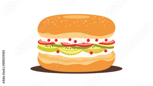 Delicious gourmet bagel sandwich filled with thick cream cheese fresh kiwi slices strawberries and topped with red berries.