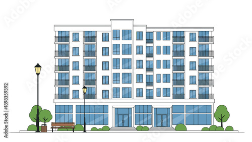 Modern multi-story apartment building design with glass balconies street lamps and a park bench on a clean white background.
