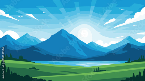 Stunning mountain range landscape with a calm blue lake green fields and a bright morning sun shining through clear skies.