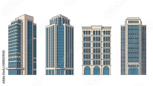Set of four different high-rise commercial buildings and skyscrapers with blue glass facades for urban architecture projects.