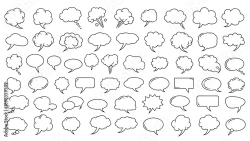 Extensive collection of various hand-drawn comic speech bubbles and thought clouds in different shapes for graphic design projects.