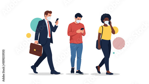 Diverse group of people wearing protective face masks while walking and using their mobile phones in an urban environment settings.