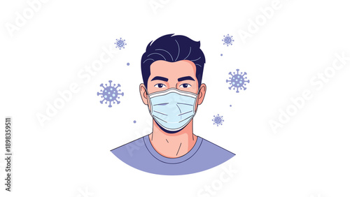 Young man wearing a protective surgical face mask for safety against viral infections and health diseases in public spaces.