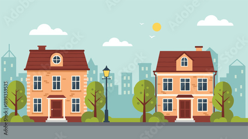 Pair of two-story residential suburban houses with brick facades and red roofs on a quiet city street with trees and a lamppost.