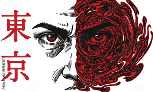 Dramatic close up of human eyes with red pupils and Japanese kanji for Tokyo featuring red abstract liquid swirl effect (20 words)