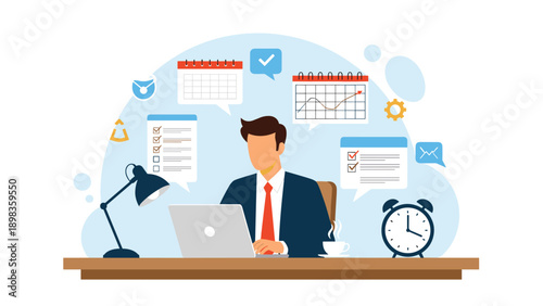 Busy corporate employee working at his office desk surrounded by floating icons of calendars, charts, emails, and time management tools.