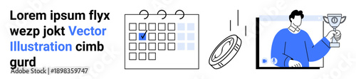 Time management, productivity, personal success, goal tracking, digital rewards, achievement. A calendar, a falling coin and a person holding a trophy. Time management and productivity concepts