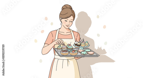 A Baker Woman with Freshly Baked Cupcakes and Treats, Ready to Serve Deliciousness