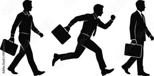 Set of three businessman silhouettes, walking and running poses with briefcase, corporate professional vector illustration isolated on white background.