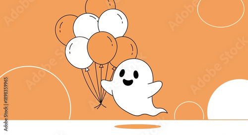A Cheerful Spectral Character Soaring With Orange and White Festive Balloons For Celebration