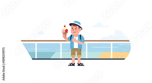 A Cheerful Young Man Enjoys A Delicious Ice Cream Cone On A Cruise Ship Deck