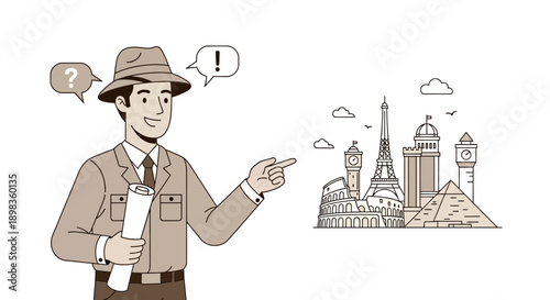 A Curious Guide Points Toward Iconic World Landmarks Depicting Travel Destinations