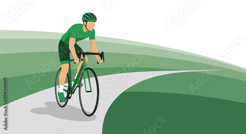 A Cyclist In Green Gear Rides On A Winding Path Through Verdant Hills