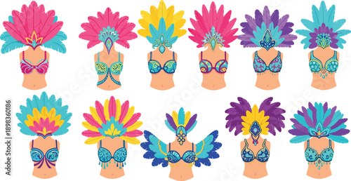 Set of Vibrant Brazilian Carnival Samba Costumes, Exotic Feather Headdresses, Decorative Bikini Tops, Colorful Festive Outfits, Latin Celebration Illustration Collection, Flat Design