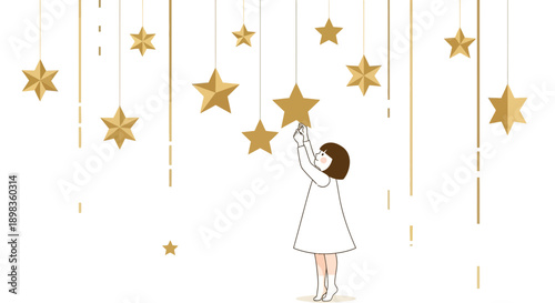 A Girl's Dream: Reaching For the Stars Amidst a Shimmering Golden Scene