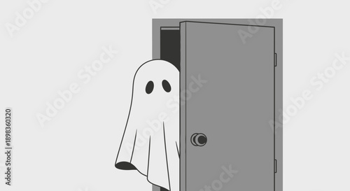 A Friendly Ghost Peeking From Behind a Closed Door In a Minimalist Black and White Illustration