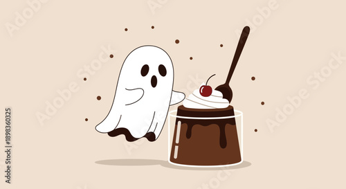 A Friendly Ghost Hovering Near Pudding Delightfully Decorated with Whipped Cream