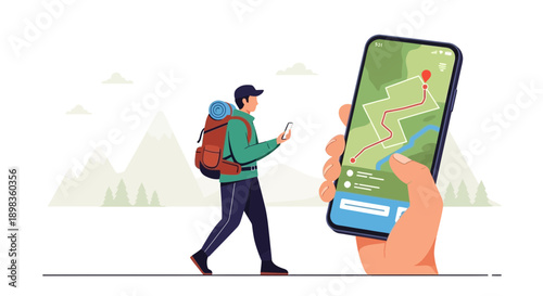 A Hiker Using Navigation App On Smartphone To Navigate Through The Mountains, Adventure Awaits