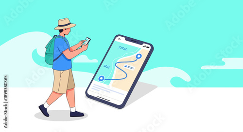 A Traveler Checking Navigation On a Mobile Device With The Ocean View Background
