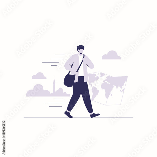 A Man With A Messenger Bag Walks By A Map And Distant City Skyline