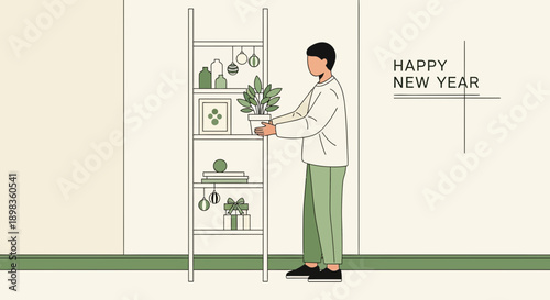 A Person Arranges Holiday Decorations On A Shelf For New Year Celebration