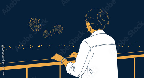 A Woman Gazing At Fireworks From A Balcony At Night