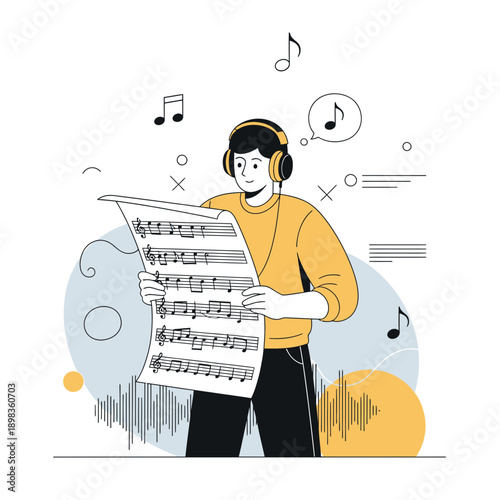 A Young Composer Immersed in Musical Notation Listening to Melodies through Headphones