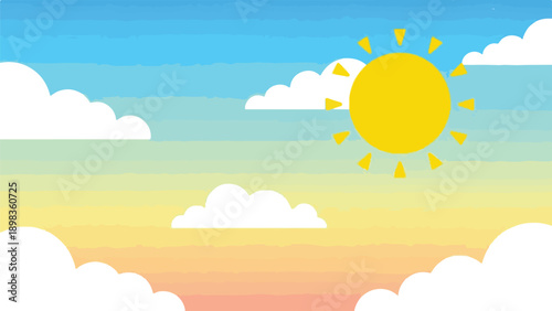 Cartoon-style image of a yellow sun, clouds, and a colorful sky