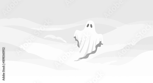 Abstract Ghost Floating Across Surreal, Minimalist, Pale, Landscape, Halloween Inspired Illustration