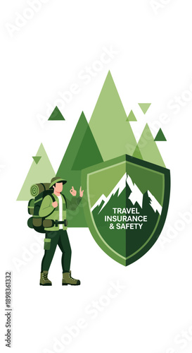 Adventure Travel Insurance Protection Concept With Hiker And Mountains
