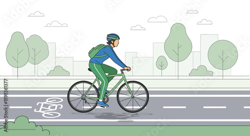 Active City Cyclist Riding Bike on Dedicated Lane
