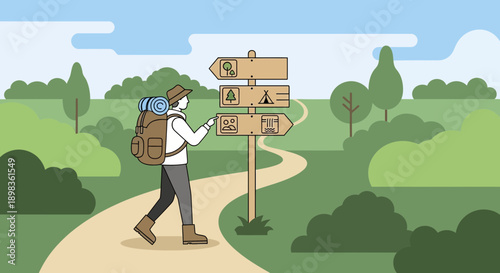 Adventurer Consults Trail Markers On Scenic Path